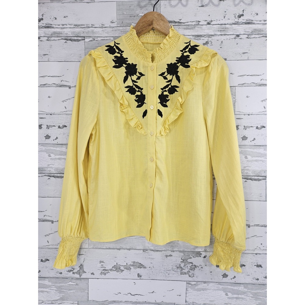 Motf Yellow Long Sleeve Blouse Ruffle Neck Embroidered Smocked Cuffs Womens S